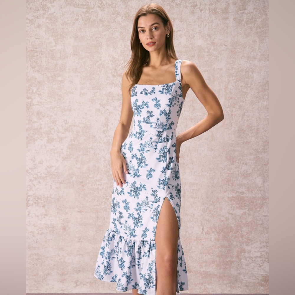 Blue Square Neck Ruffle Floral Midi Dress